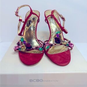 BCBGeneration Red Strappy Heels with Colorful Gem Embellishments